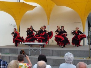 8. Tanz-Ensemble 'Tausendschön' in schwarz-roten Röcken unter gelben Schirmen (P1010320)